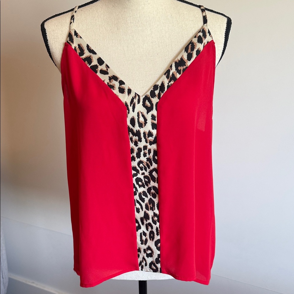Red Leopard Trim Spaghetti Strap Cami Top